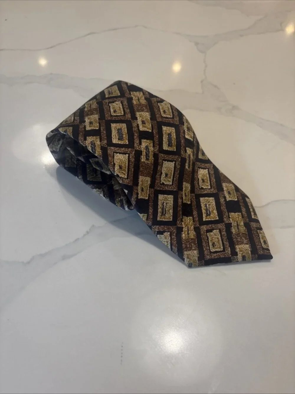 Vintage Papillon Luciano Soprani Italy Silk Tie Geometric Brown Blue Necktie